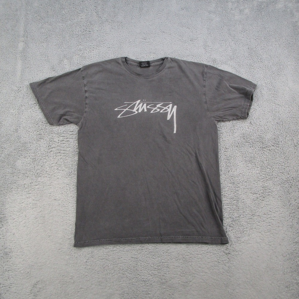 Stussy Mens Script Logo T-Shirt Charcoal Gray Cotton Short Sleeve Size Medium